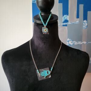 Evil Eye Hand Jewelry Set – Necklace & Bracelet with Blue Beads – New in Pouch